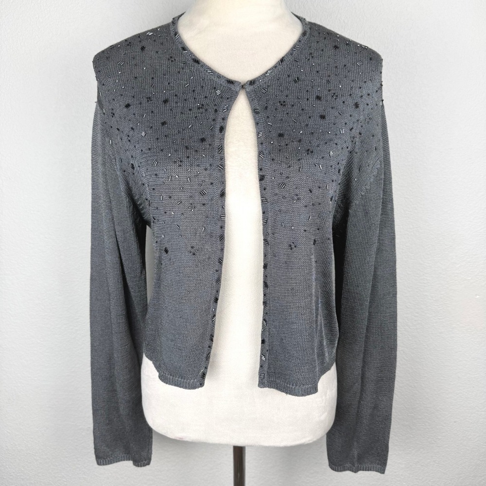 VTG Liz Claiborne Gray Metallic Beaded Cardigan Shrug Sweater Womens M/L Sparkle